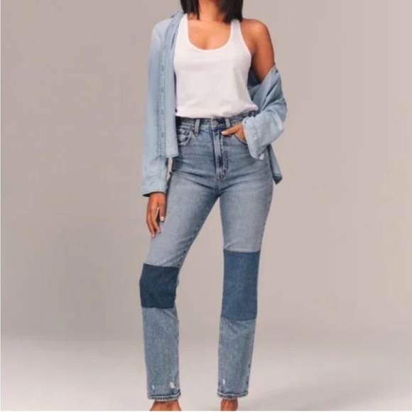 Abercrombie & Fitch Patchwork Ultra High Rise The Ankle Straight Jean - Picture 1 of 10